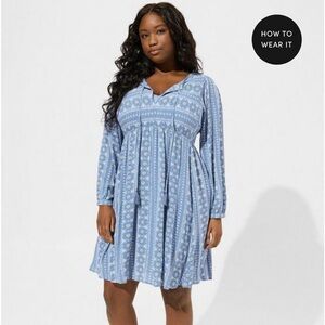 Fit & Flare Blue Printed Gauze Dress Longsleeved